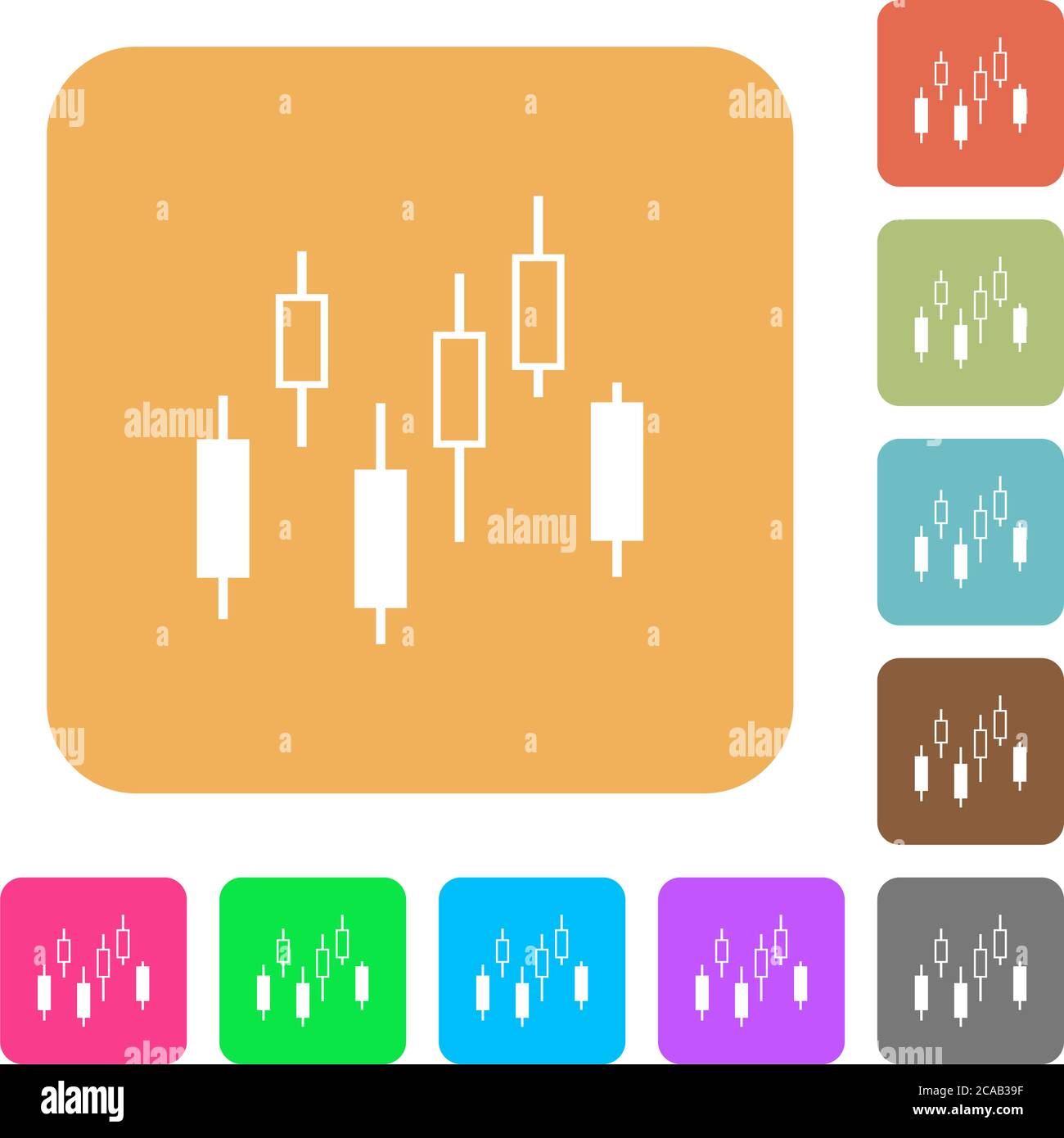 Candlestick chart flat icons on rounded square vivid color backgrounds. Stock Vector