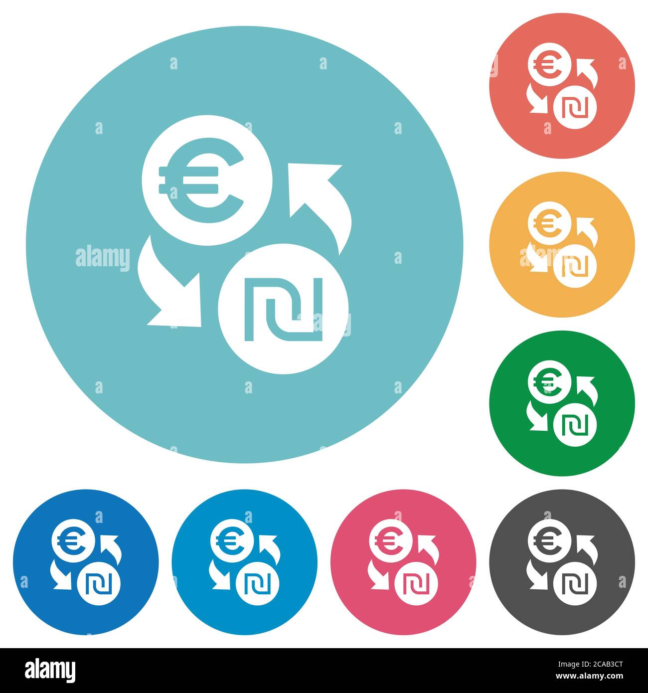 Euro new Shekel money exchange flat white icons on round color ...