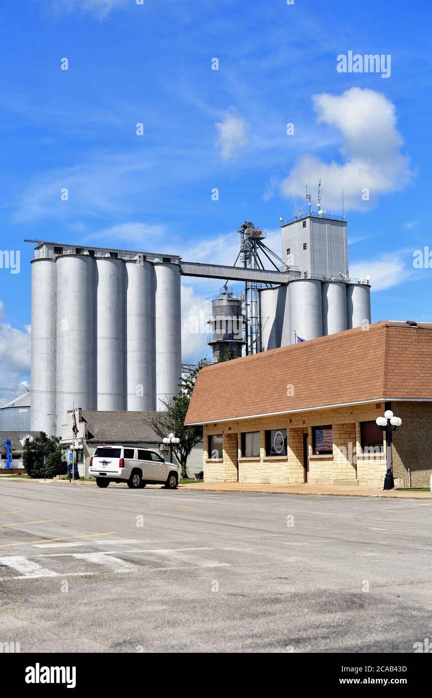 Mazon, Illinois, USA. Small town grain elevators along railroad tracks