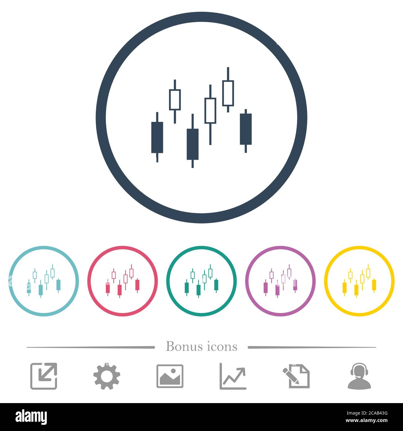 Candlestick chart flat color icons in round outlines. 6 bonus icons ...