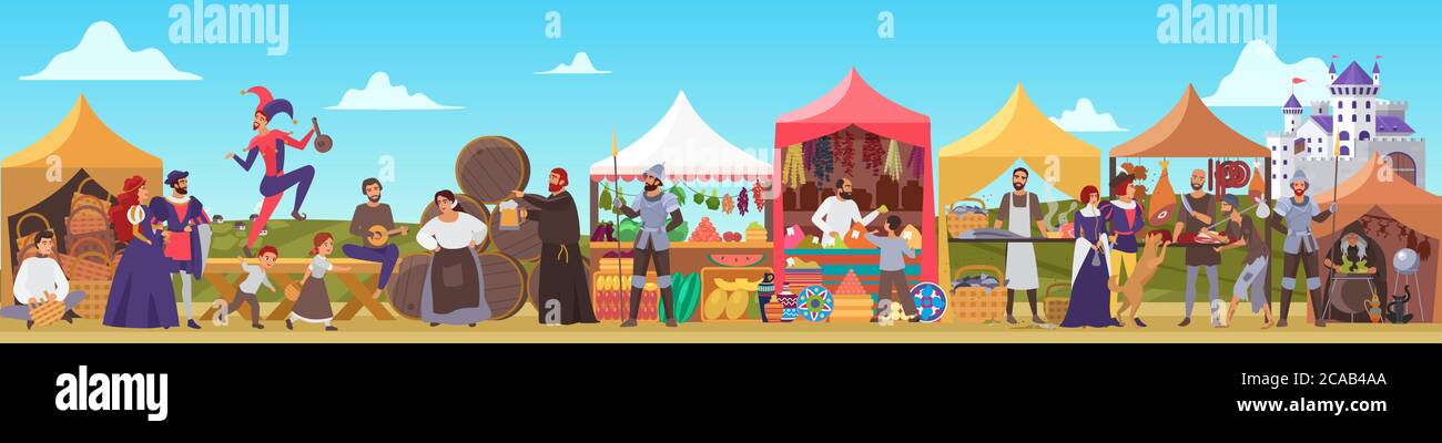 Medieval fair vector illustration. Cartoon flat middle ages or fairy tale fair market with lady and sir characters standing in costumes of feudal lords, jester dancing, priest drinking beer background Stock Vector