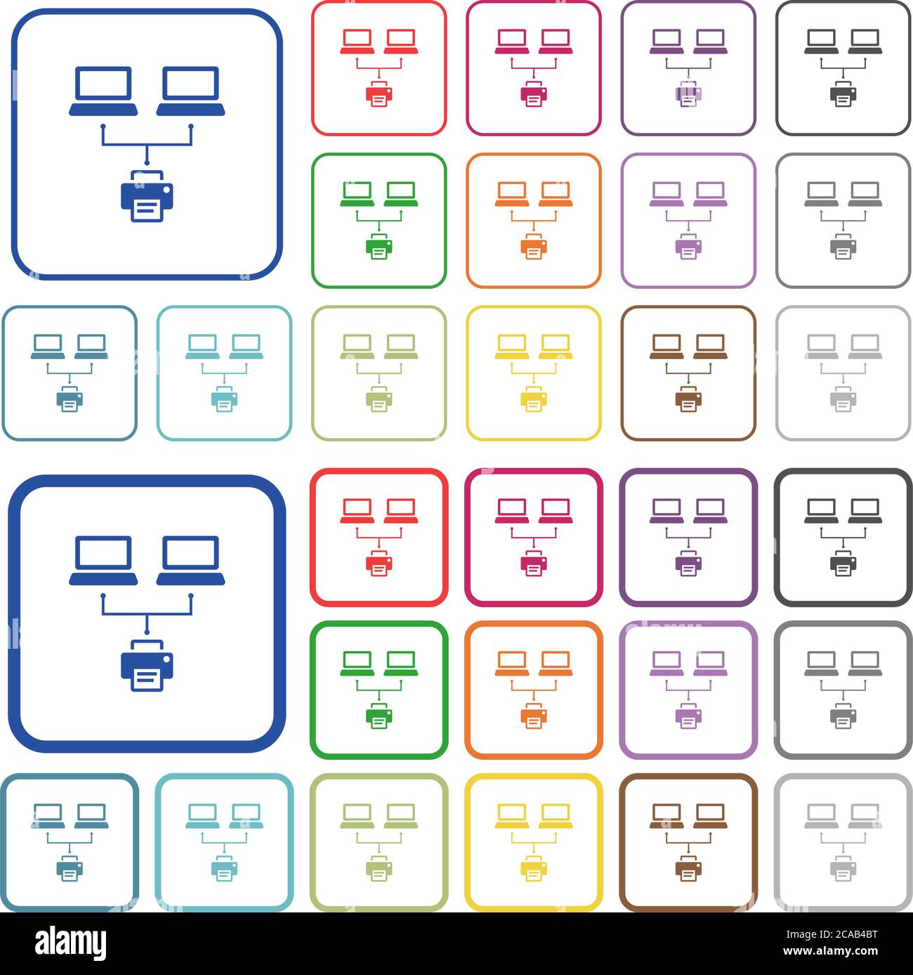 Network printing color flat icons in rounded square frames. Thin and thick versions included. Stock Vector