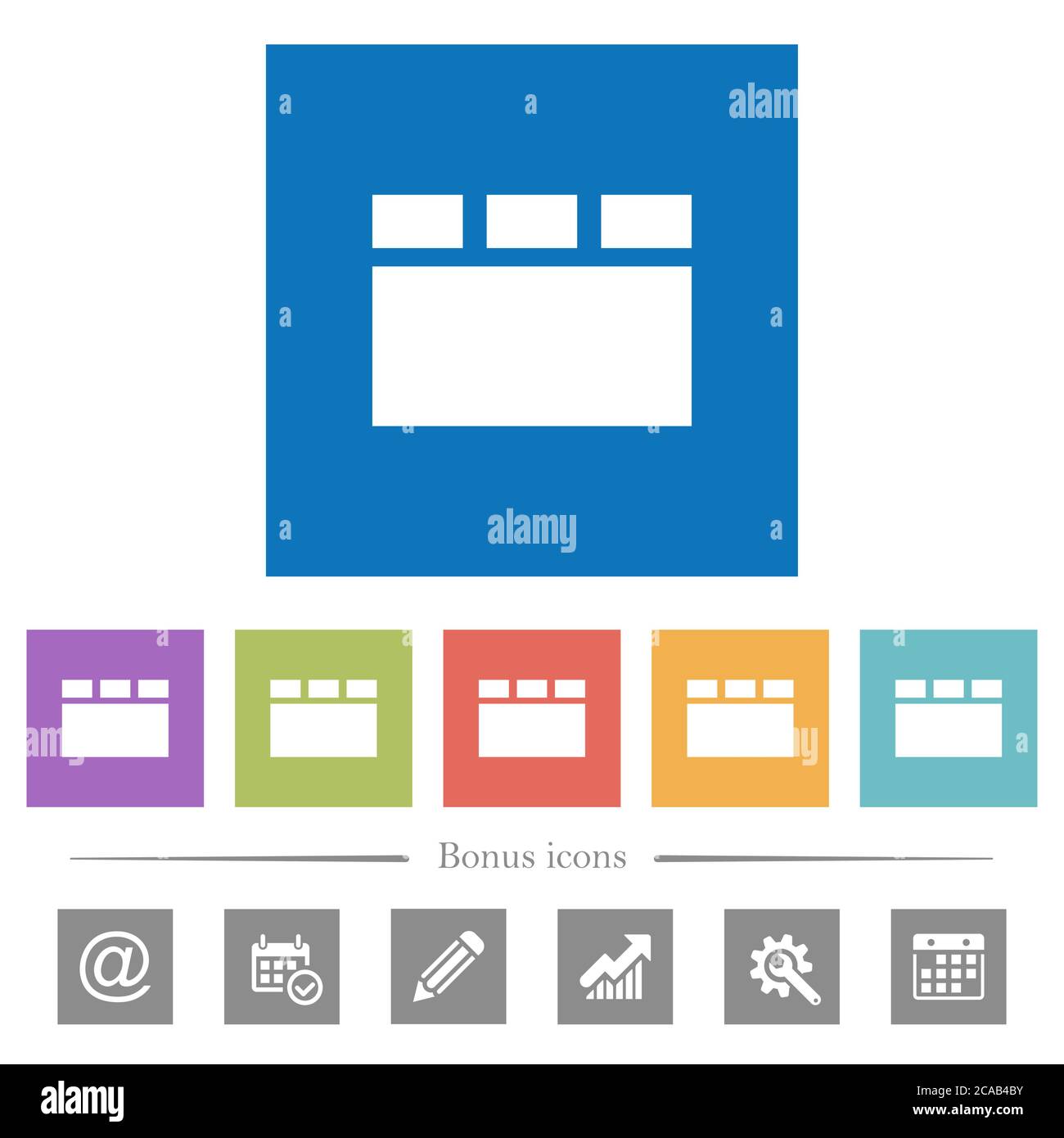 Horizontal tabbed layout flat white icons in square backgrounds. 6 ...