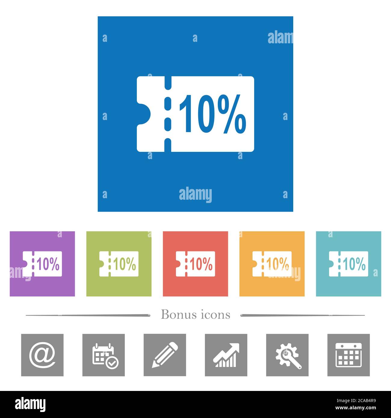 10 percent discount coupon flat white icons in square backgrounds. 6