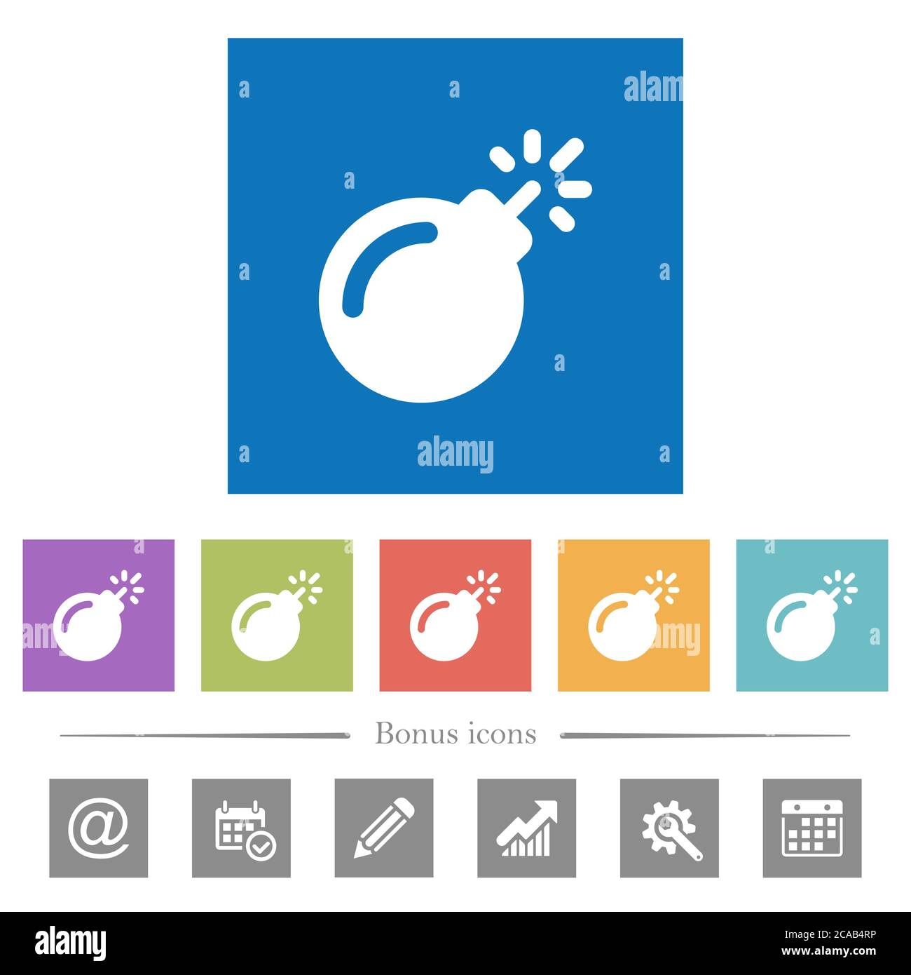 Bomb with sparkling fuse flat white icons in square backgrounds. 6 ...