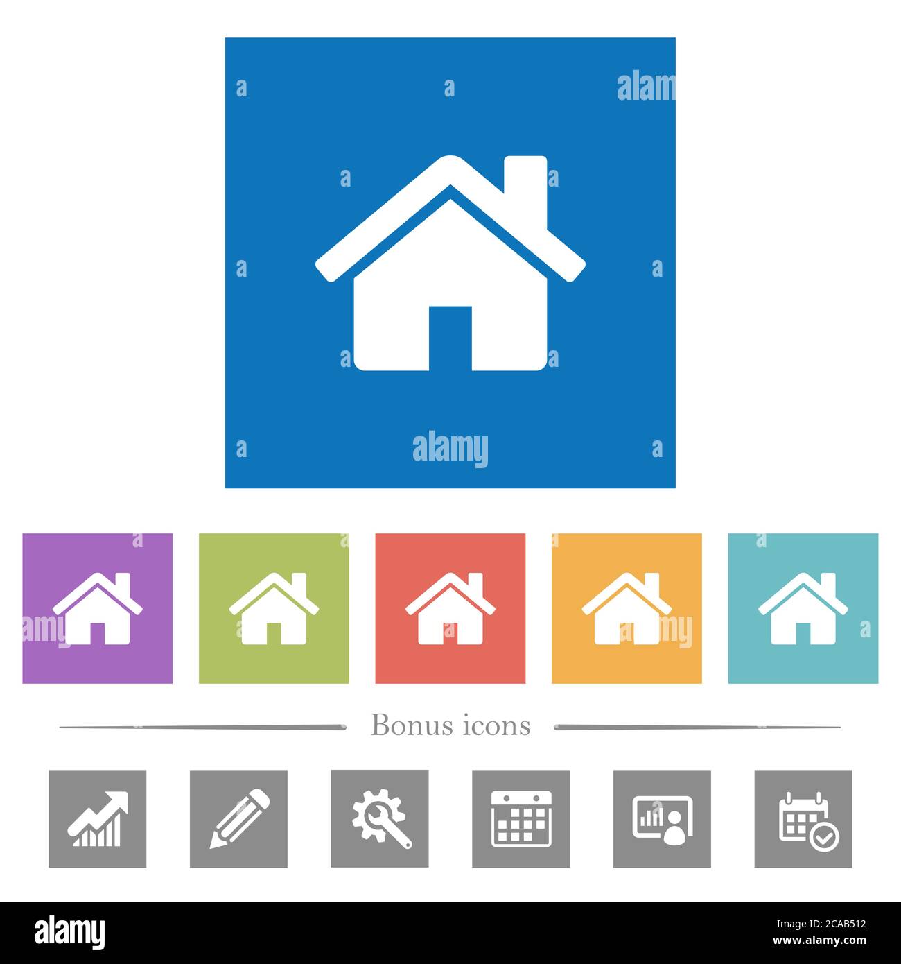 Home flat white icons in square backgrounds. 6 bonus icons included ...