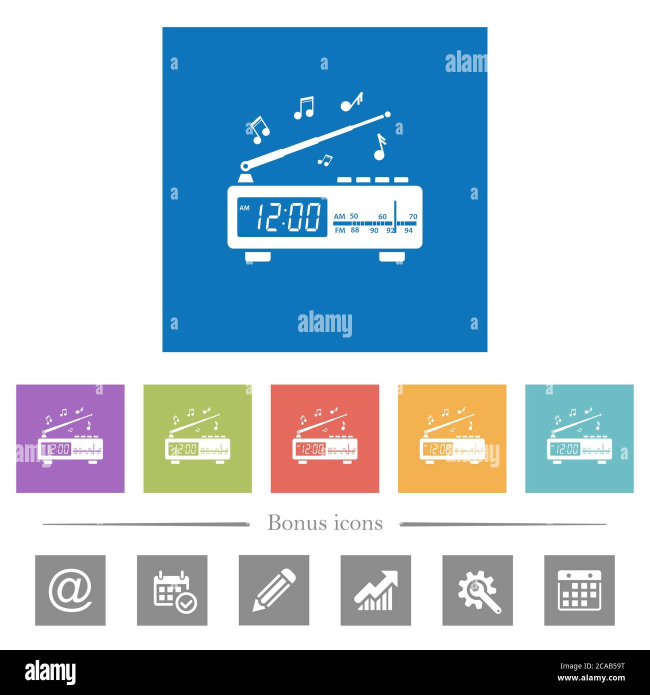 Vintage radio clock with music flat white icons in square backgrounds