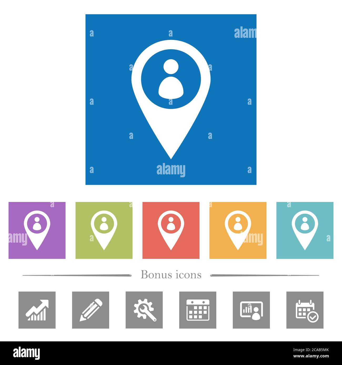 Member GPS map location flat white icons in square backgrounds. 6 bonus ...