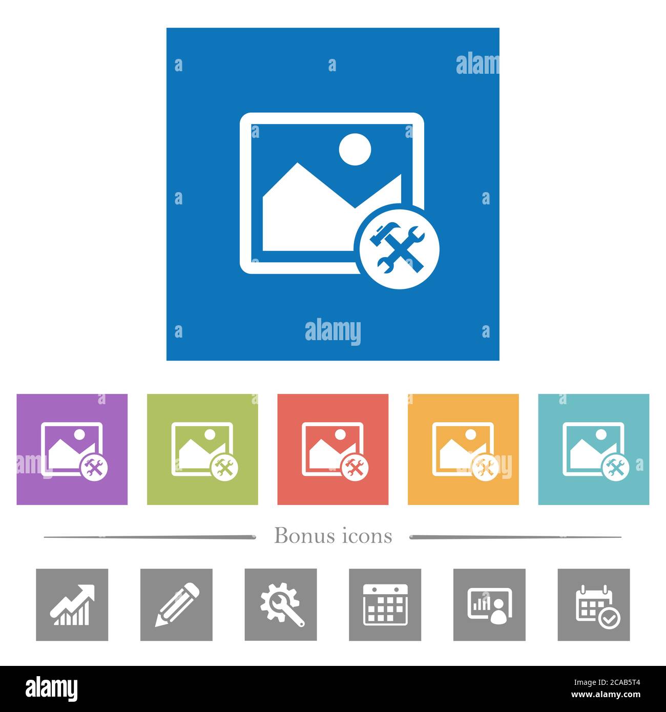 Image tools flat white icons in square backgrounds. 6 bonus icons ...