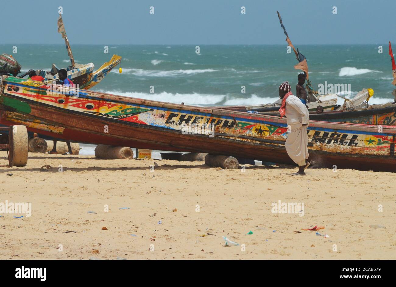 Artisanal fishing boats (pirogues) in the coast of Lompoul, Senegal Stock Photo