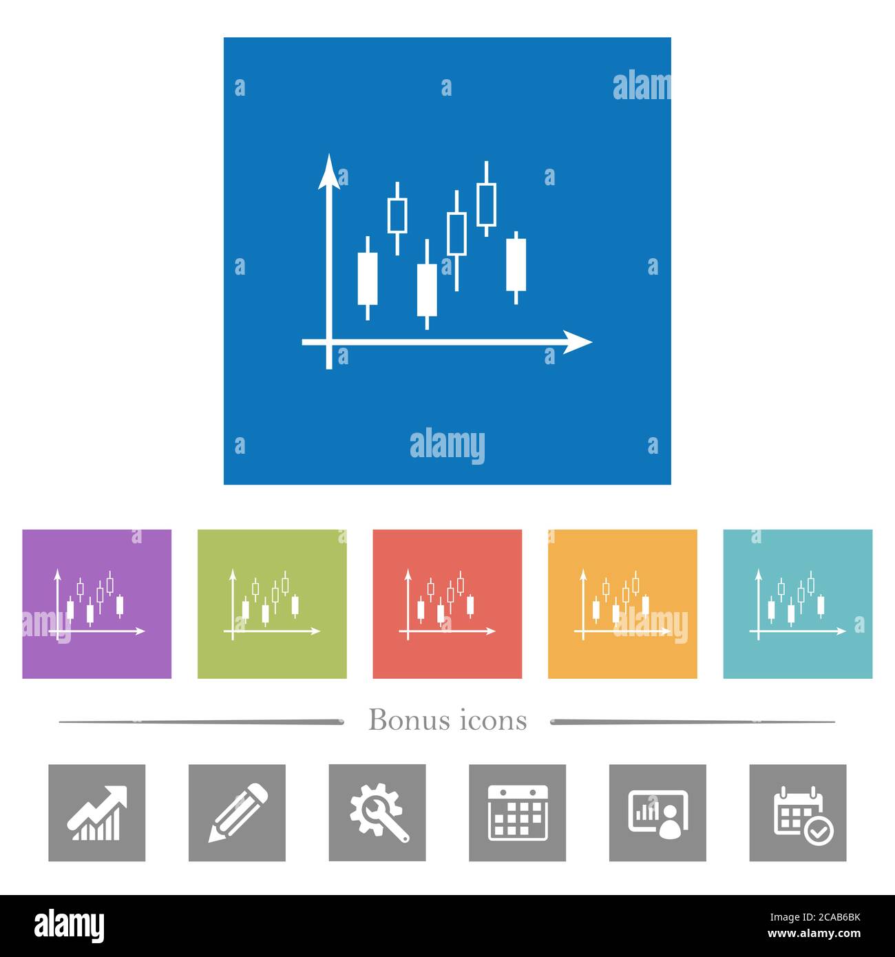 Candlestick graph with axes flat white icons in square backgrounds. 6 ...
