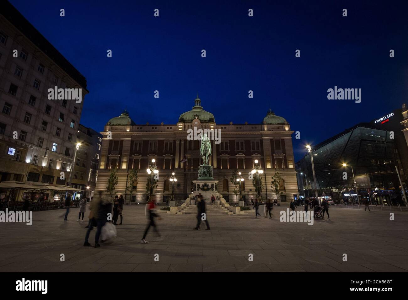 BELGRADE, SERBIA - NOVEMBER 11, 2019: Panorama of Trg Republike at night with Prince Mihailo (Knez Mihailo) statue in front of National Museum of Serb Stock Photo