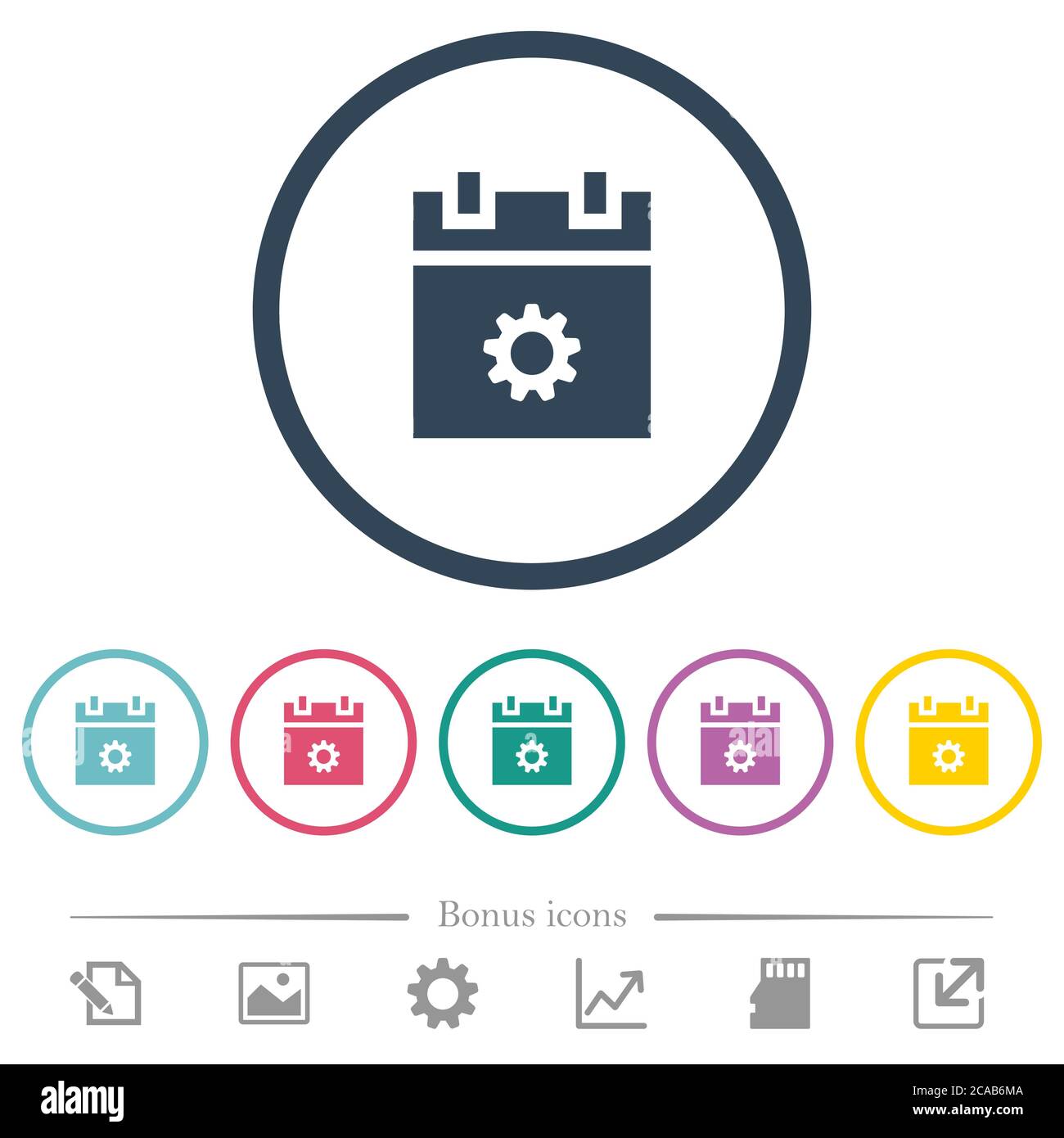 Schedule settings flat color icons in round outlines. 6 bonus icons ...