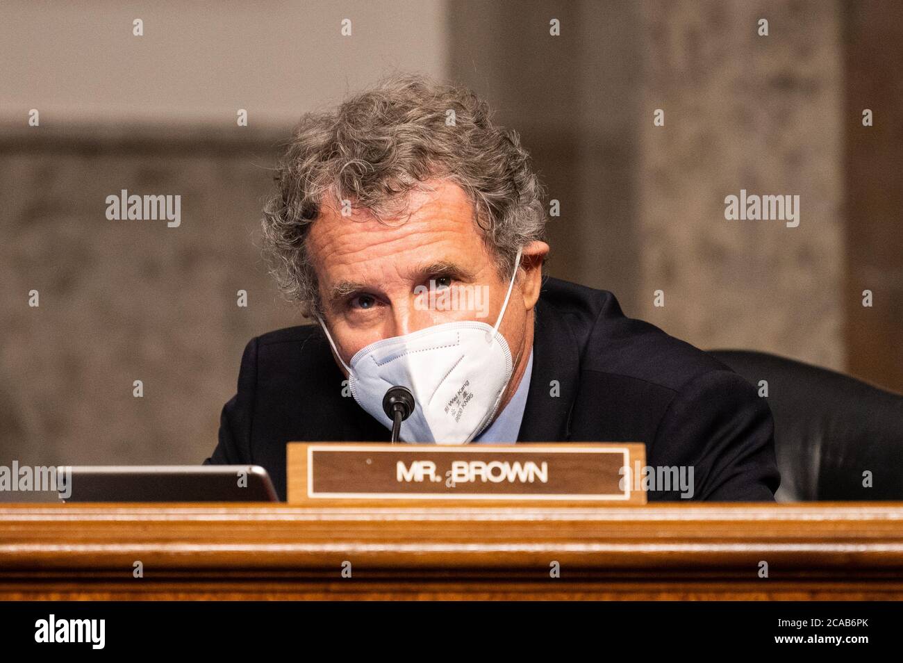U.S. Senator Sherrod Brown (D-OH) speaks at a Senate Banking, Housing, and Urban Affairs committee business meeting to consider the nominations of Hester Maria Peirce, of Ohio, and Caroline A. Crenshaw, of the District of Columbia, both to be a Member of the Securities and Exchange Commission, and Kyle Hauptman, of Maine, to be a Member of the National Credit Union Administration Board. Stock Photo