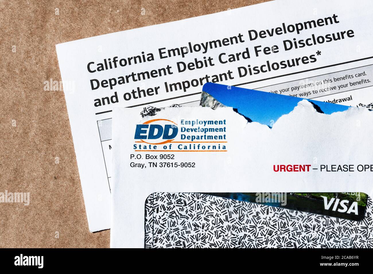 July 9, 2020 Sunnyvale / CA / USA - State of California Employment Development Department (EDD) correspondence, including the prepaid VISA Debit card Stock Photo