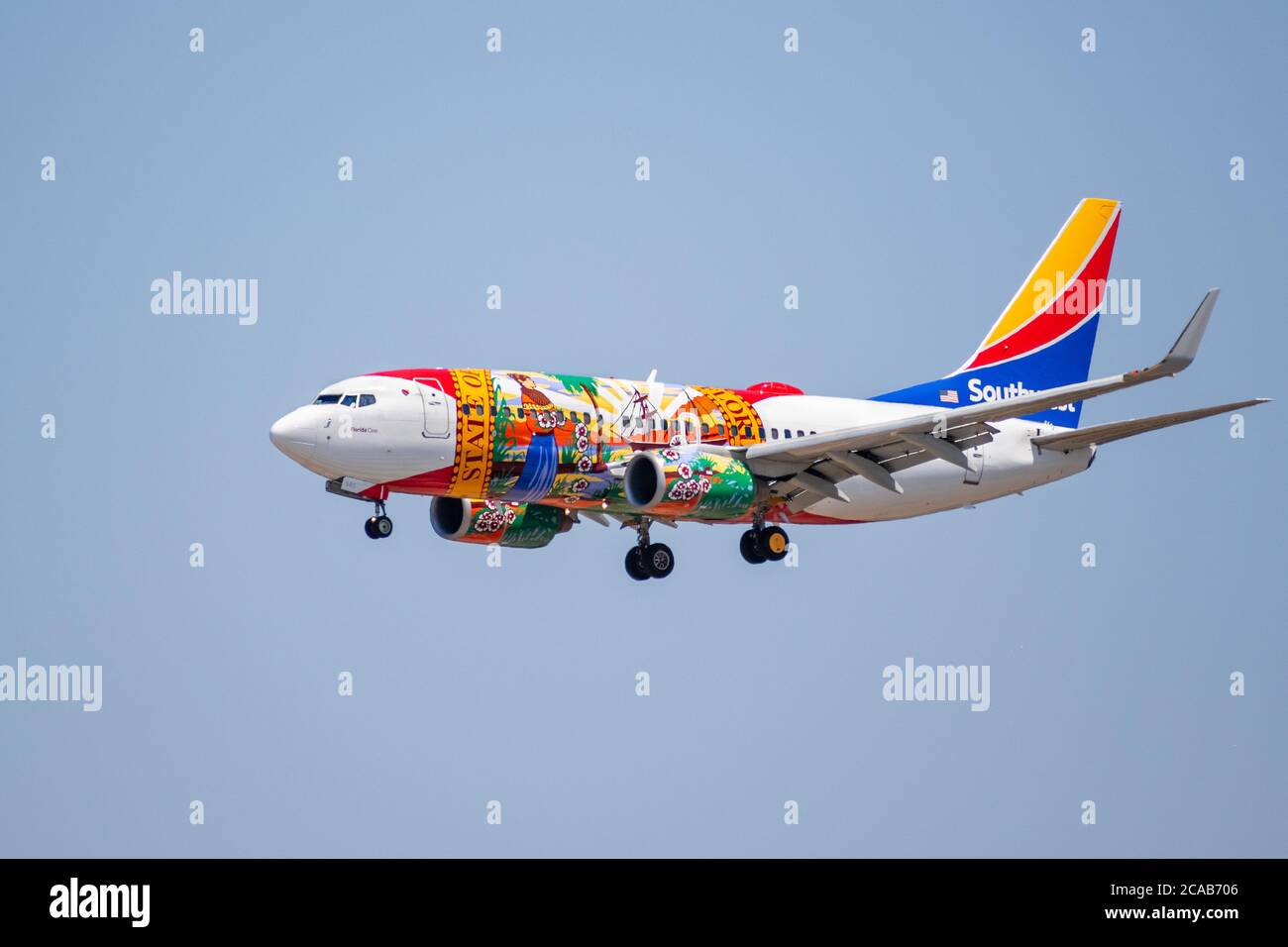 July 25, 2020 San Jose / CA / USA - Florida One Southwest Airlines landing at San Jose International Airport (SJC); Florida One livery is honoring and Stock Photo