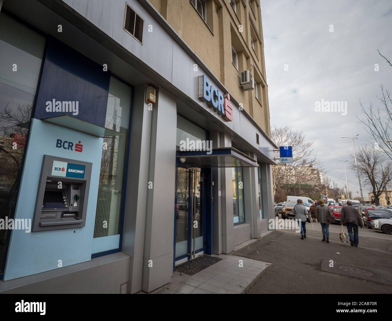 BUCHAREST, ROMANIA - FEBRUARY 15, 2020: BCR logo in front of a local bank in Bucharest. BCR, or banca comerciala romana, is a romanian retail banking Stock Photo