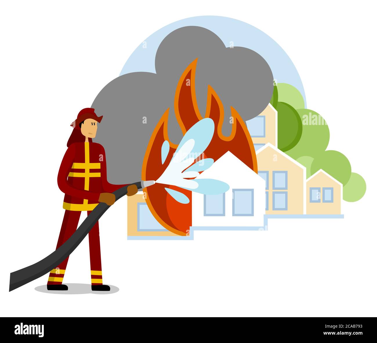Firefighter try to extinguish burning house. House on fire. Fireman putting  out building. Fireman rescue people cartoon. Flame accident. Helping Stock  Vector Image & Art - Alamy