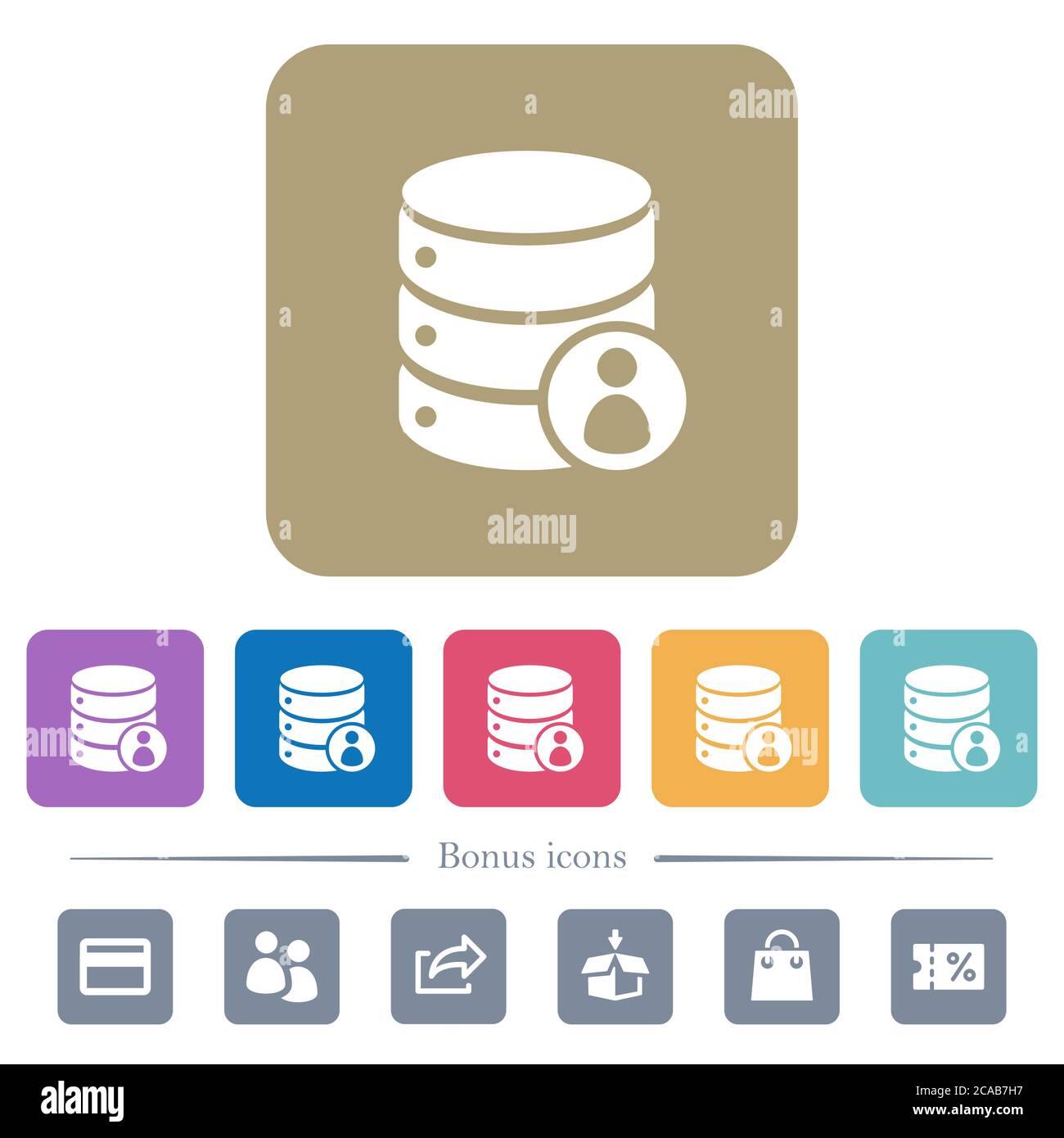 Database privileges white flat icons on color rounded square ...