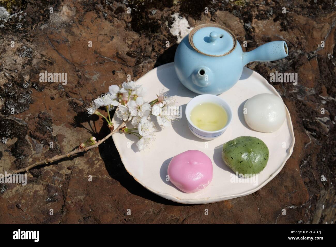 Green tea with Japanese dessert Dango during sakura season. Dessert plating with japanese