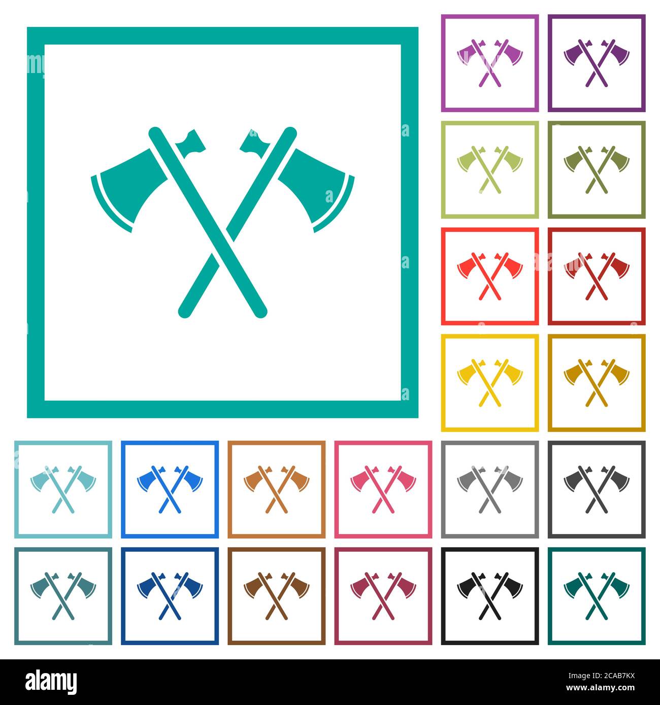 Two tomahawks flat color icons with quadrant frames on white background Stock Vector