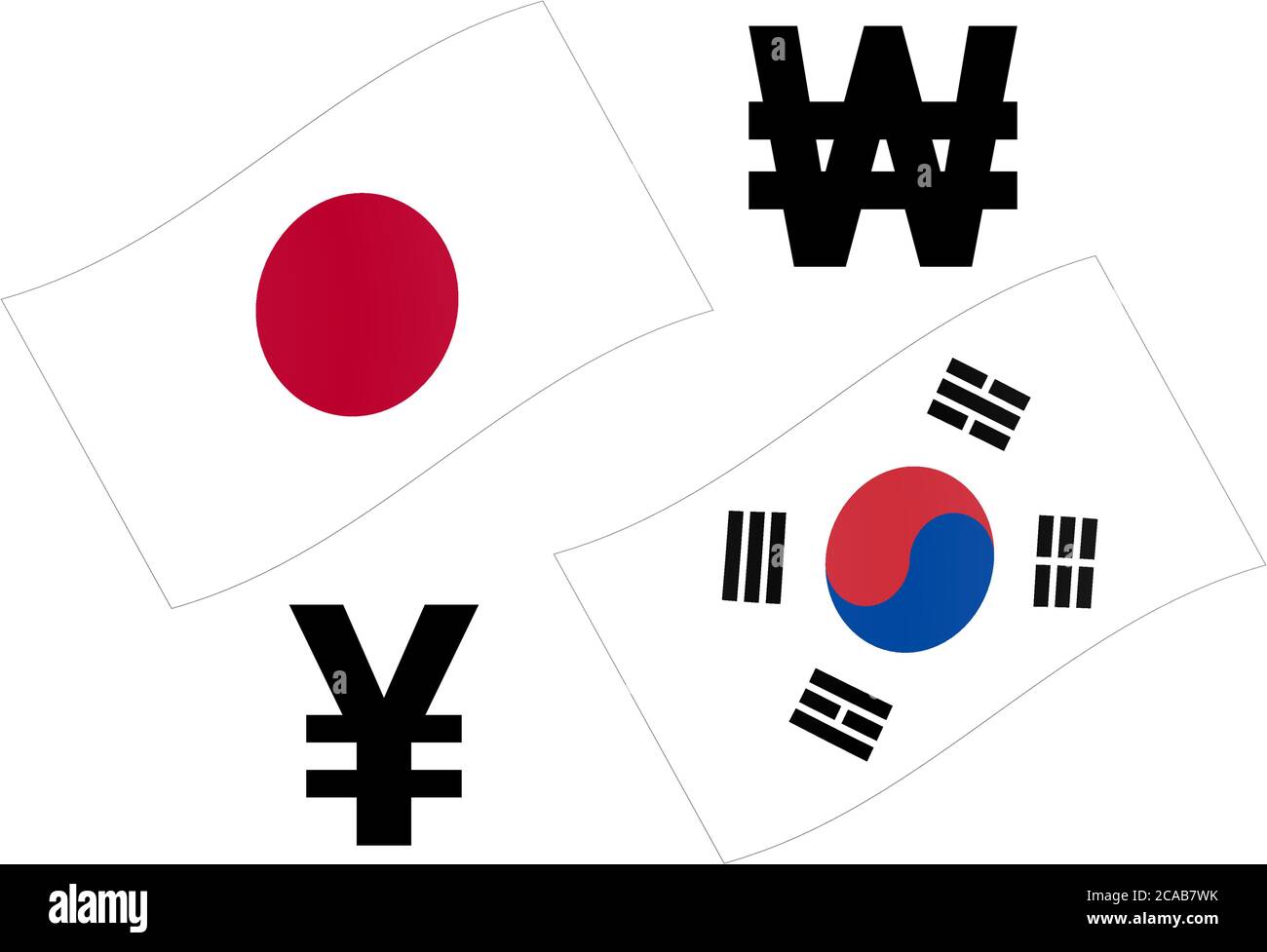 JPYKRW forex currency pair vector illustration. Japanese and Korean flag, with Yen and Won symbol. Stock Vector