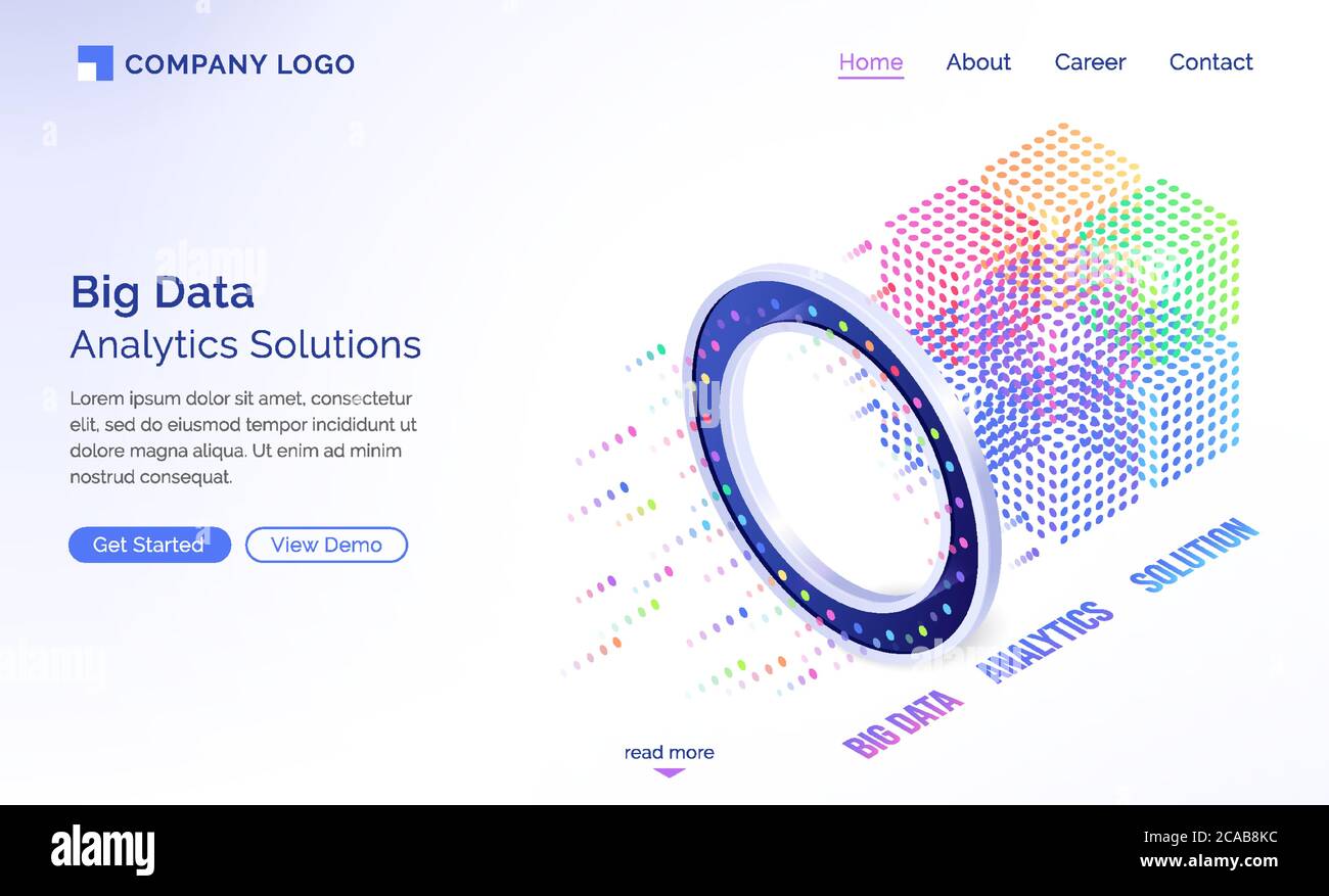 Big data analytics solutions isometric landing page, information technology concept, info blocks flow through luminous circle, datum traffic analysis, server room with connections 3d vector web banner Stock Vector