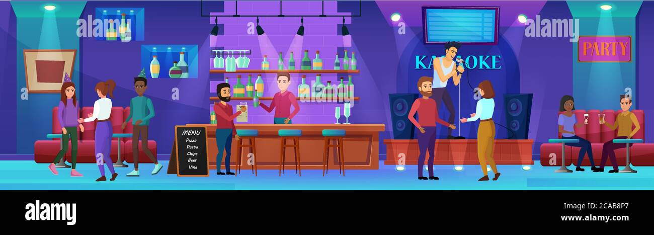 Karaoke nightlife bar vector illustration. Cartoon flat man woman people group drinking wine, young hipster character with microphone singing song at karaoke party in nightclub bar interior background Stock Vector