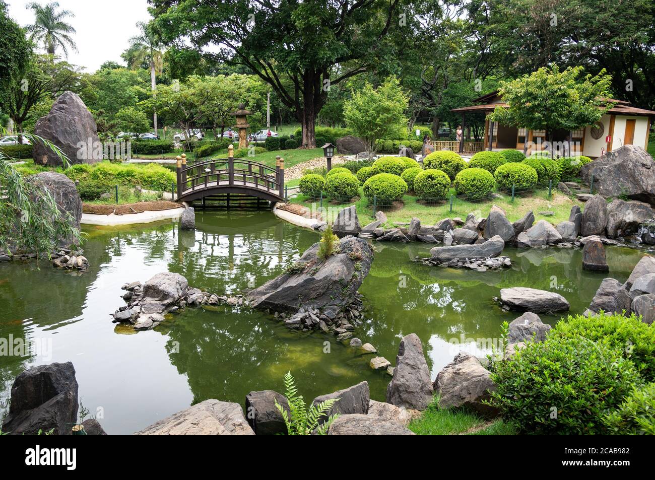 Partial view of the beautiful and colorful Japanese Garden designed by Haruho Ieda located at the entrance of Belo Horizonte zoological garden. Stock Photo