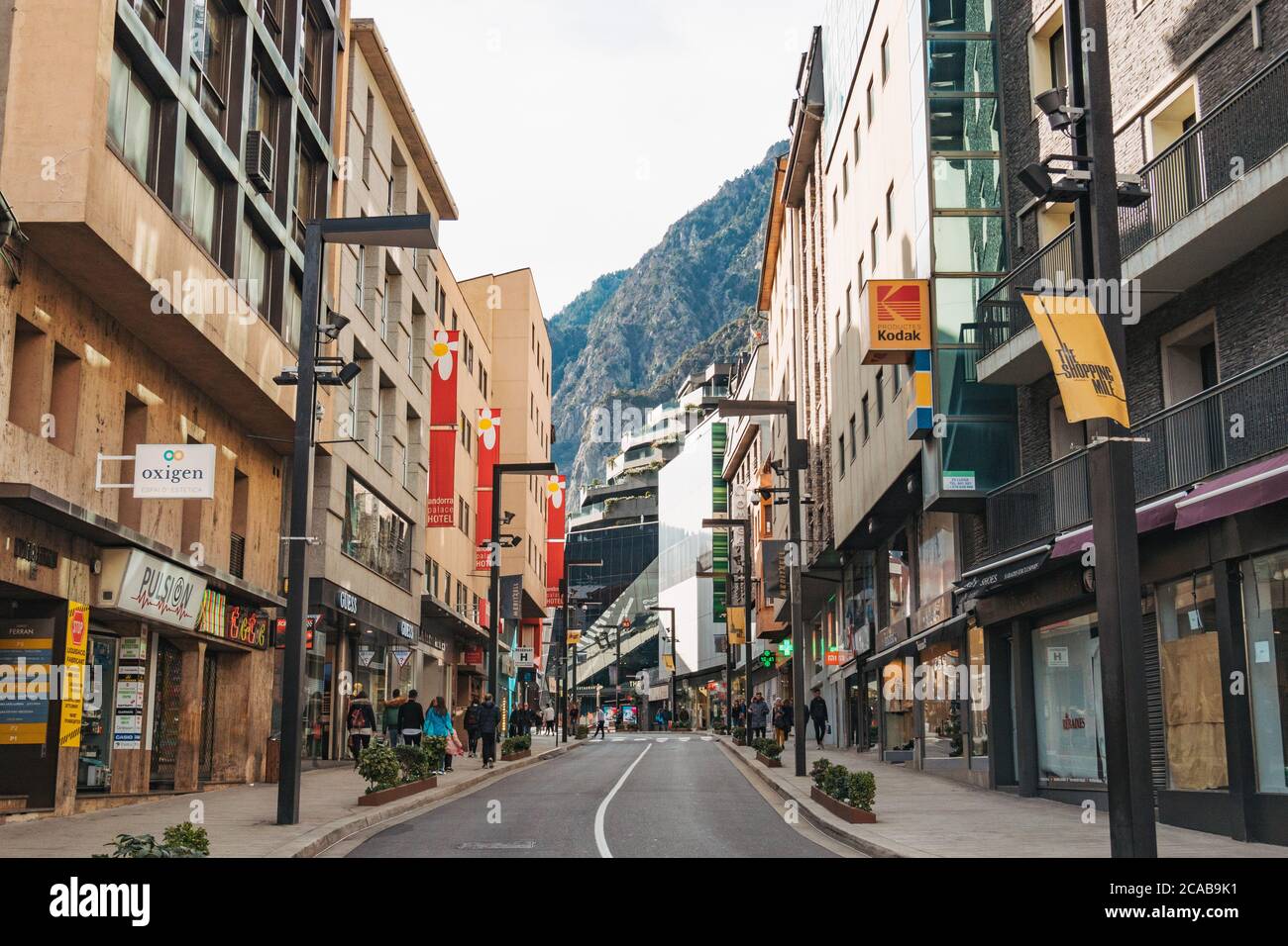 Retail district on Av. Meritxell in Andorra la Vella, capital city of Andorra. A popular destination to pick up duty free goods in Europe Stock Photo