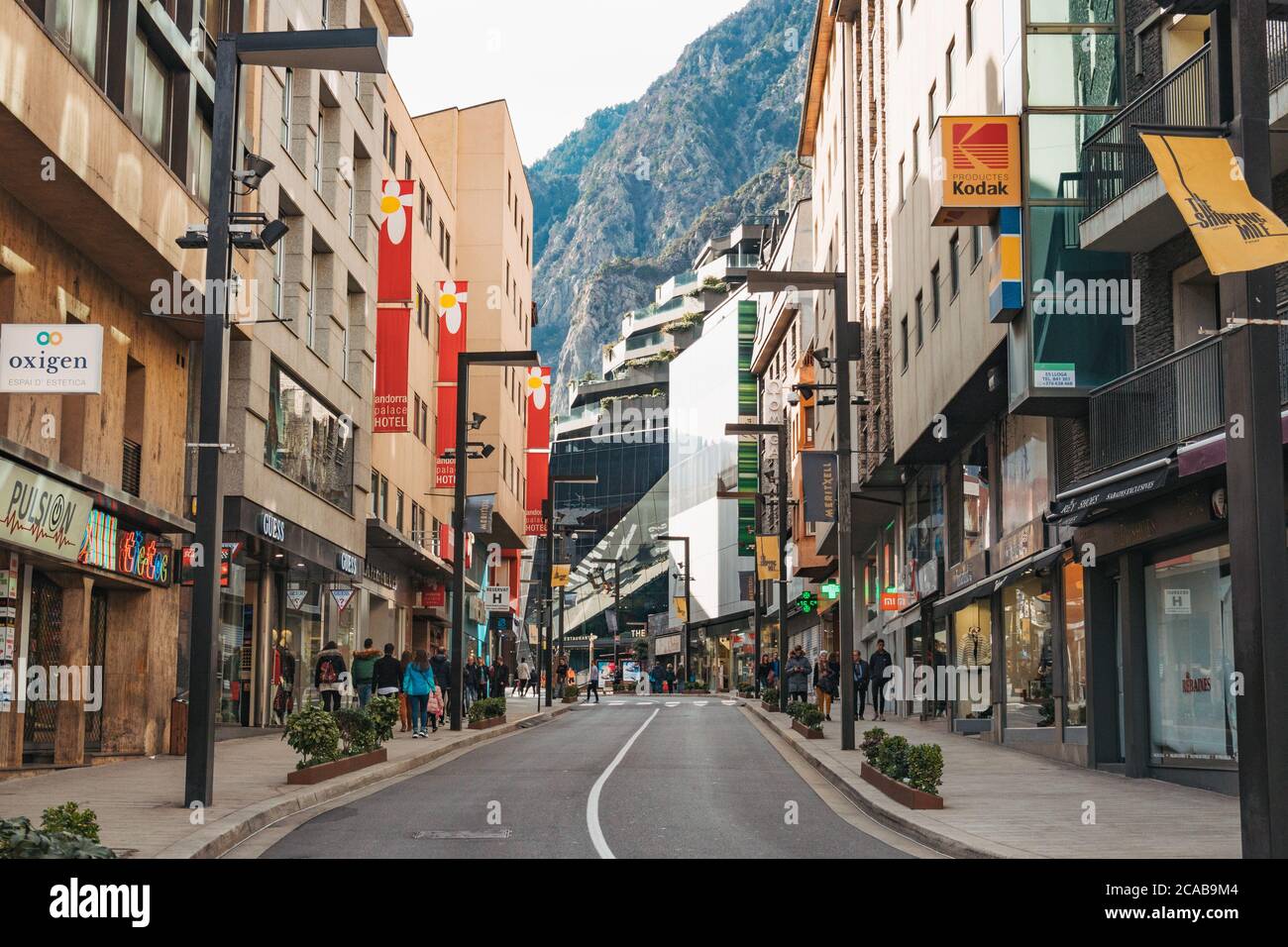 Retail district on Av. Meritxell in Andorra la Vella, capital city of Andorra. A popular destination to pick up duty free goods in Europe Stock Photo