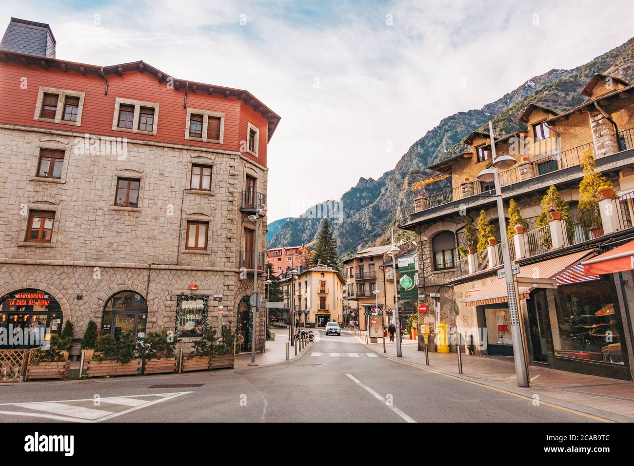 A tidy street corner with old style buildings in Andorra la Vella, Andorra Stock Photo