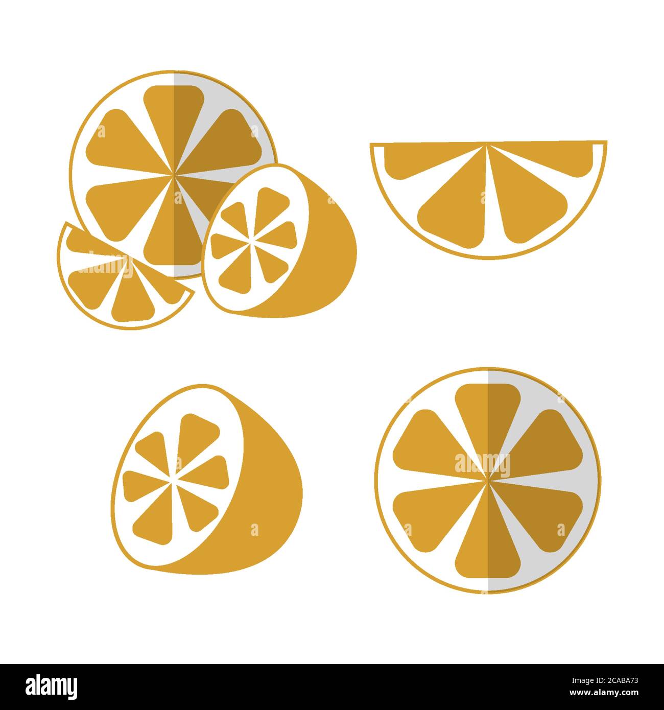 Orange set halved and sliced pieces in flat style with shadow. Isolated vector illustration. Stock Vector