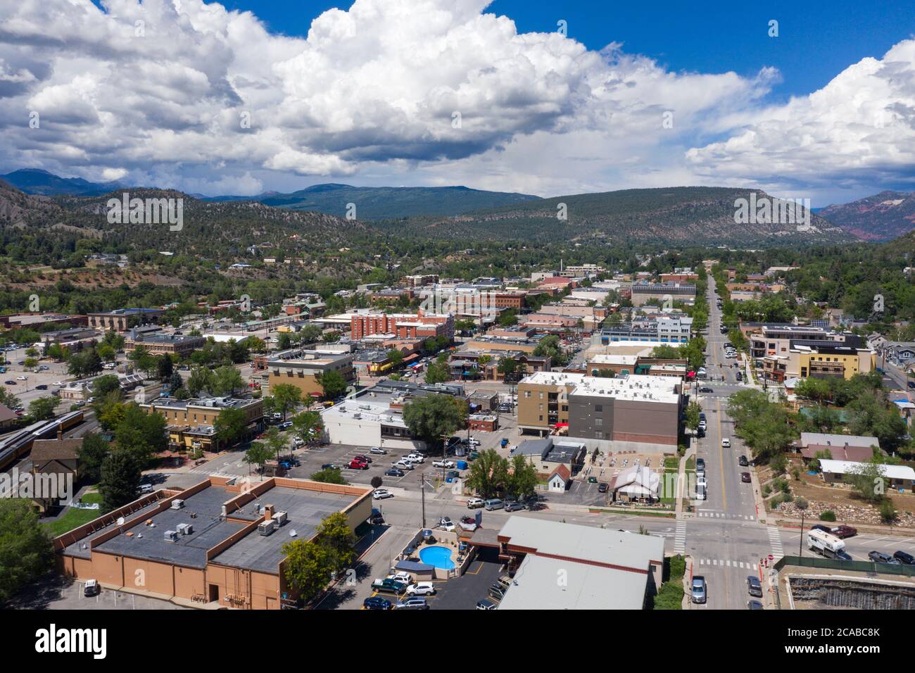 Aerial view above downtown Durango, Colorado and the San Juan Mountains Stock Photo