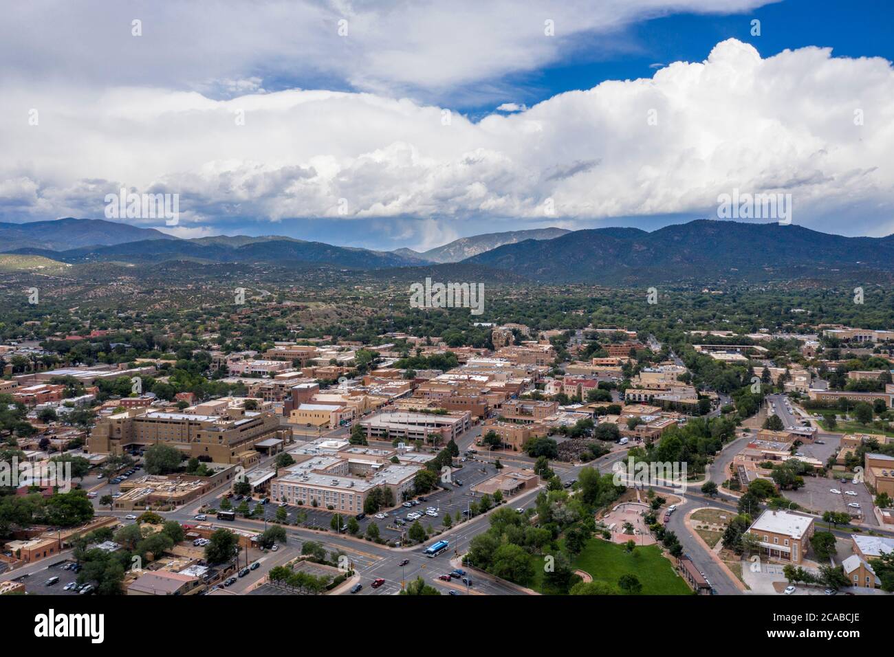 Aerial view above the historic center of old Santa Fe, New Mexico Stock Photo