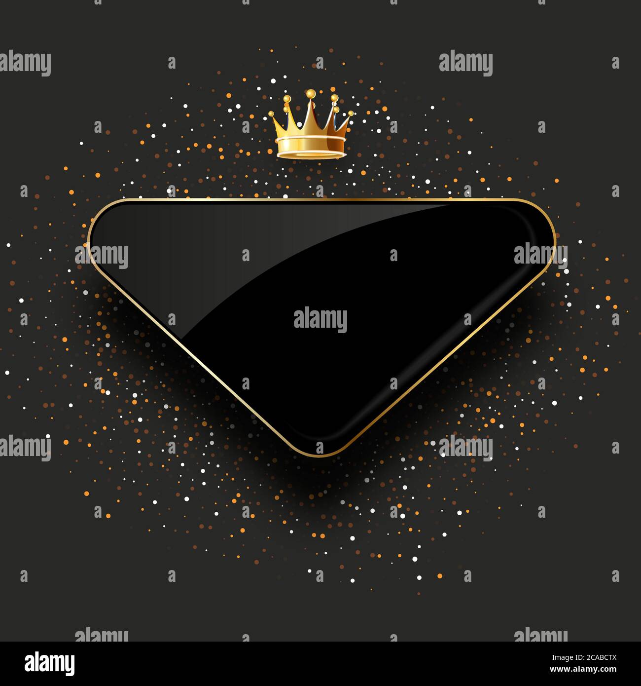 black glass label with golden crown isolated on black background. Stock Vector