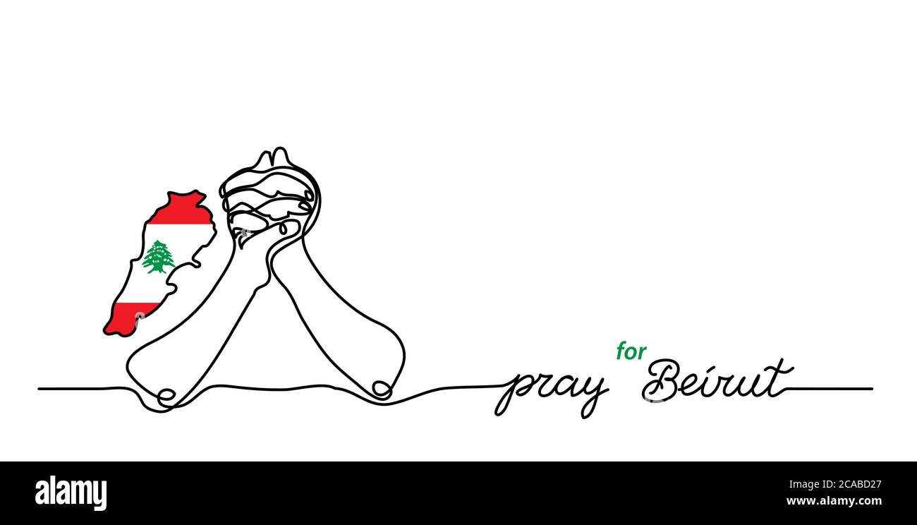 Pray for Beirut simple web banner, background with flag and map and pray gesture . One continuous line drawing with lettering Beirut Stock Vector