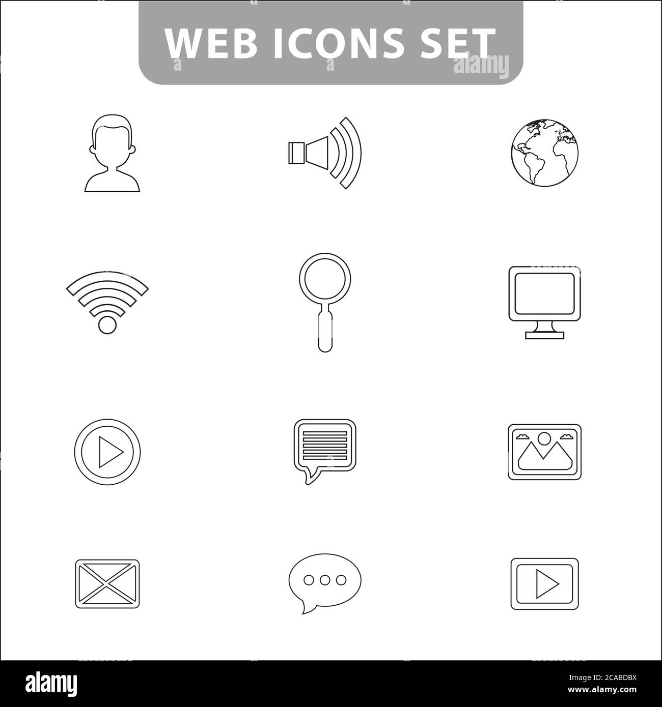 Web and Contact icon  set. Outline vector icons for web and mobile, wifi icon, man icon, world, search, monitor, mail, play button, conversation icon, Stock Vector