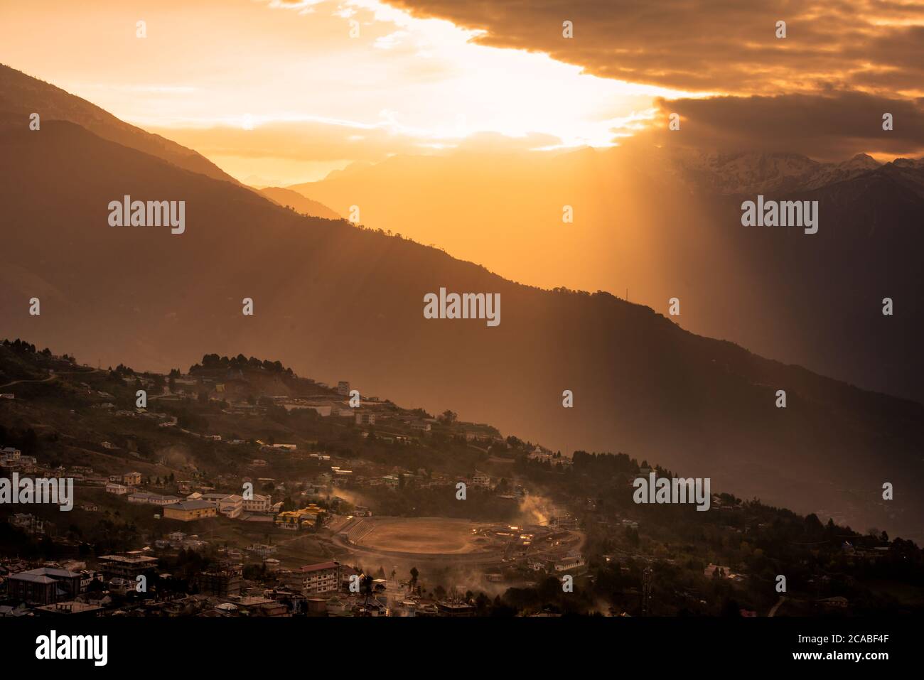 Sunrise over the mountains, scenic sunrise landscape of Tawang town, this town is situated on the foothills of the Himalayas in Arunachal Pradesh in I Stock Photo