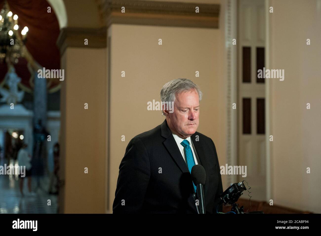 Mark Meadows, Assistant to the President and Chief of Staff prepares to talk with reporters following a meeting with Speaker of the US House of Representatives Nancy Pelosi (Democrat of California), United States Senate Minority Leader Chuck Schumer (Democrat of New York), and US Secretary of the Treasury Steven T. Mnuchin at the US Capitol in Washington, DC., Wednesday, August 5, 2020. Credit: Rod Lamkey/CNP/MediaPunch Stock Photo