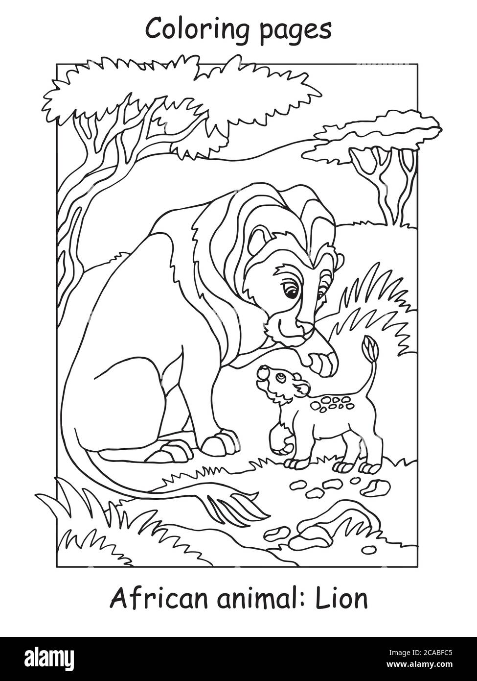 Vector coloring pages with cute lion family in african area. Cartoon contour illustration isolated on white background. Stock illustration for colorin Stock Vector