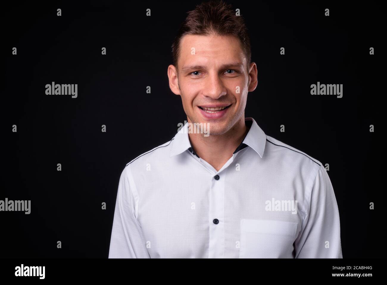 Black background portrait happy hi-res stock photography and images - Alamy
