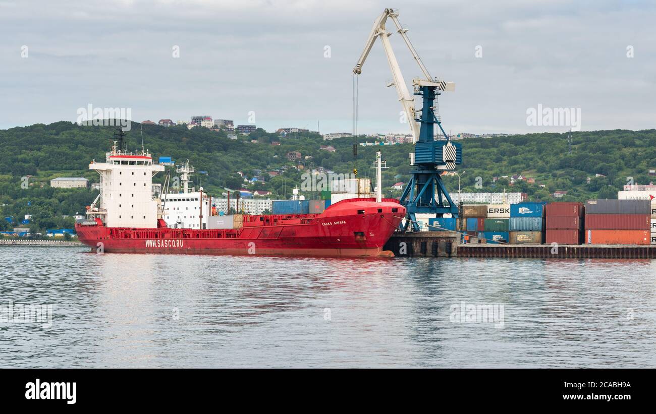 Panoramic view of Russian cargo ship Sasco Angara Sakhalin Shipping