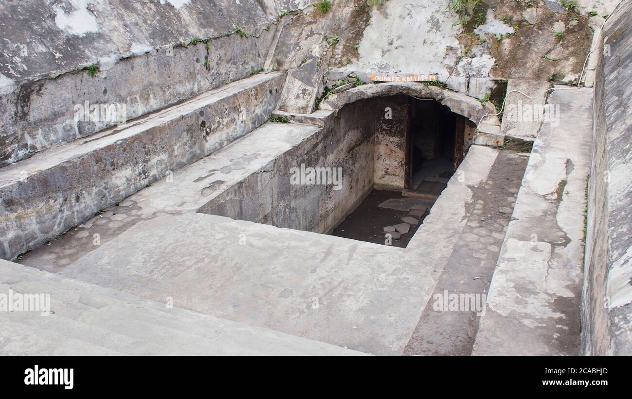 The entrance to the bunker which is used as a shelter from hot clouds during a volcanic eruption Stock Photo