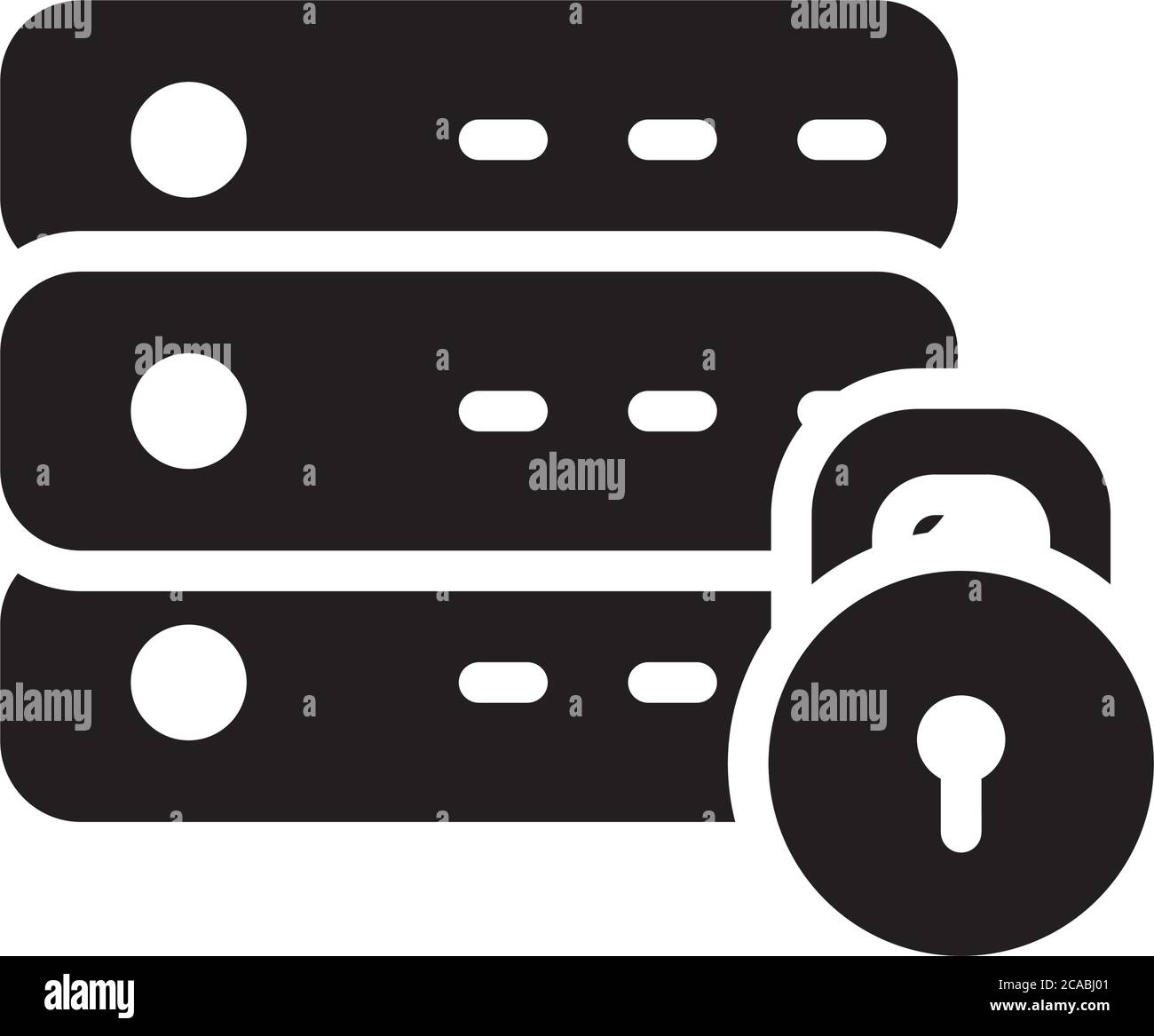 cyber security concept, data base routers and padlock icon over white background, silhouette style, vector illustration Stock Vector