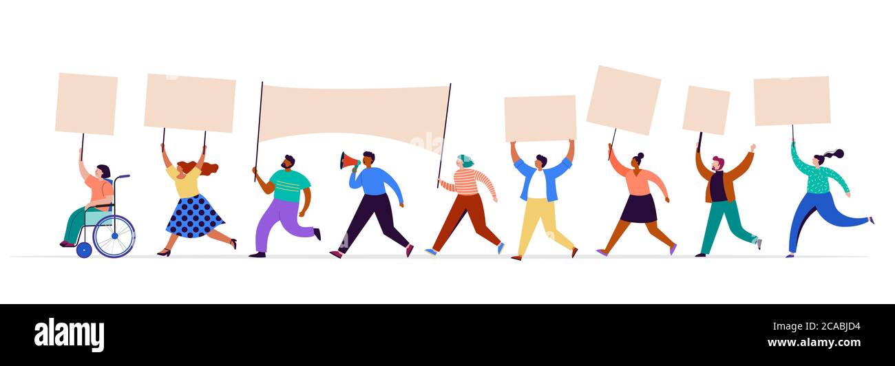 Crowd of protesters holding banners and placards. Political meeting, march, demonstration, parade. Group of men and women activists. Vector Stock Vector