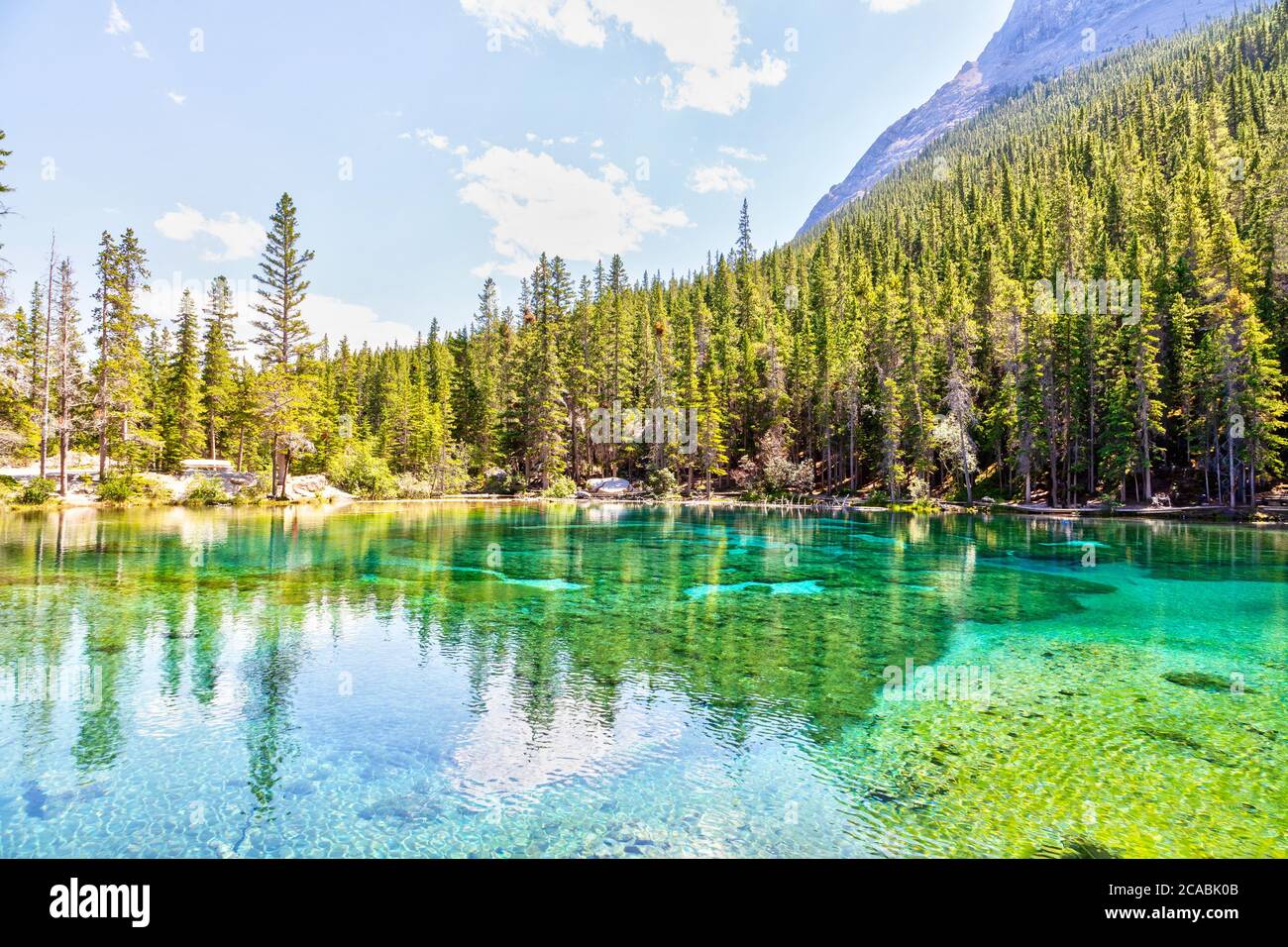 Emerald-Colored Grassi Lakes in Canmore Kananaskis, a popular hiking spot in the Canadian Rockies of Alberta, Canada. Stock Photo