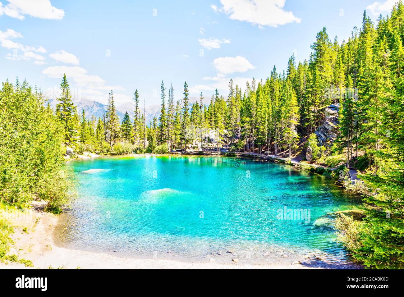 Emerald-Colored Grassi Lakes in Canmore Kananaskis, a popular hiking spot in the Canadian Rockies of Alberta, Canada. Stock Photo
