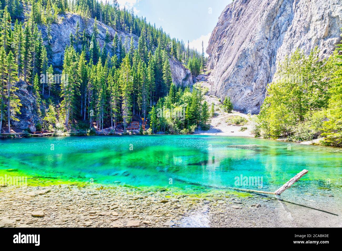 Emerald-Colored Grassi Lakes in Canmore Kananaskis, a popular hiking spot in the Canadian Rockies of Alberta, Canada. Stock Photo