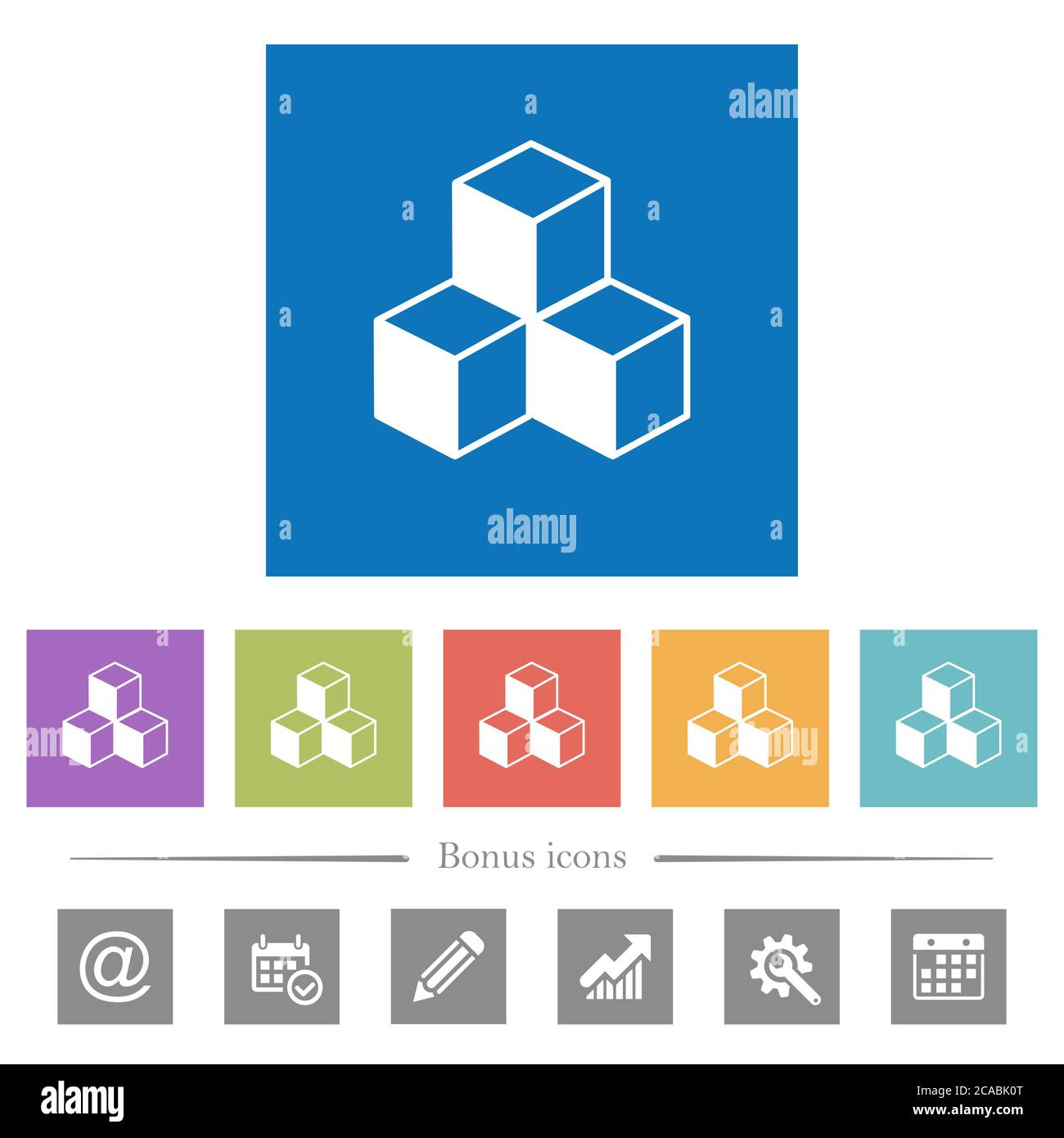 Cubes flat white icons in square backgrounds. 6 bonus icons included ...